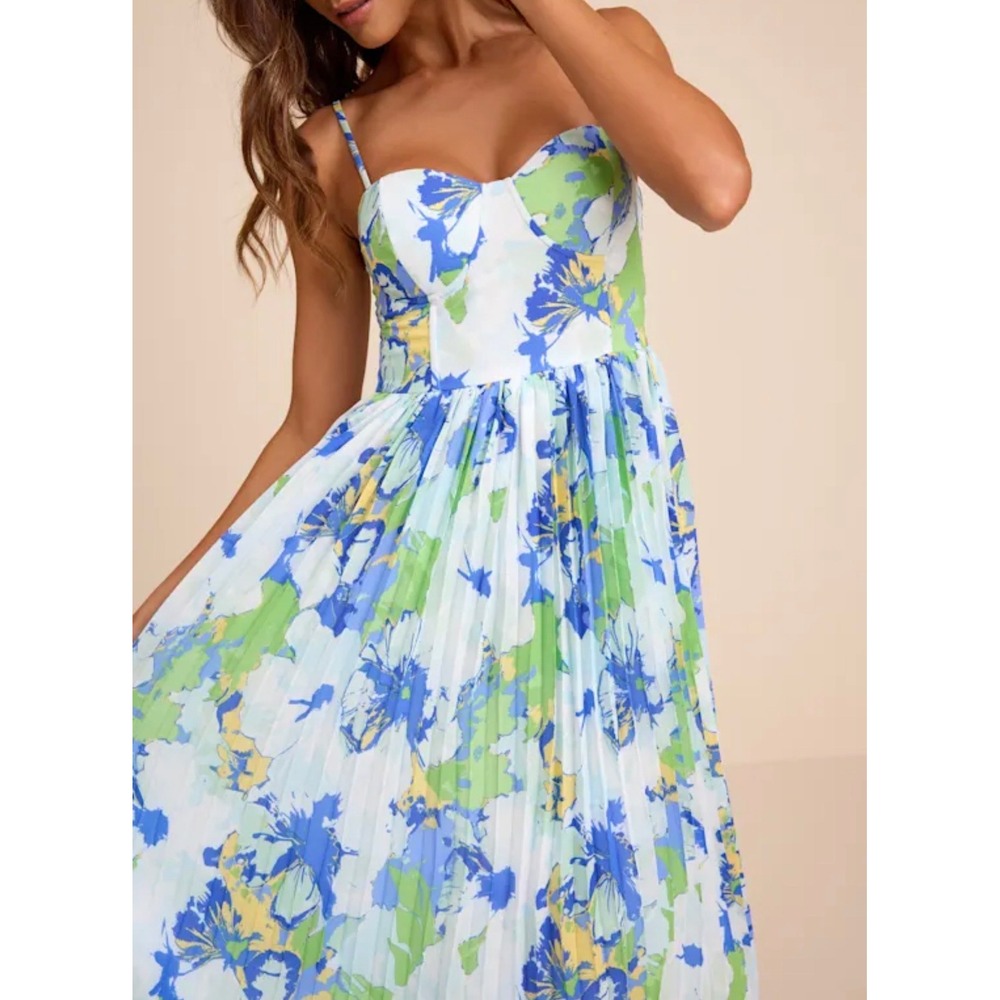 Lulus Dorothy Light Blue Multi Floral Pleated Midi Dress Bustier Smocked L 2843